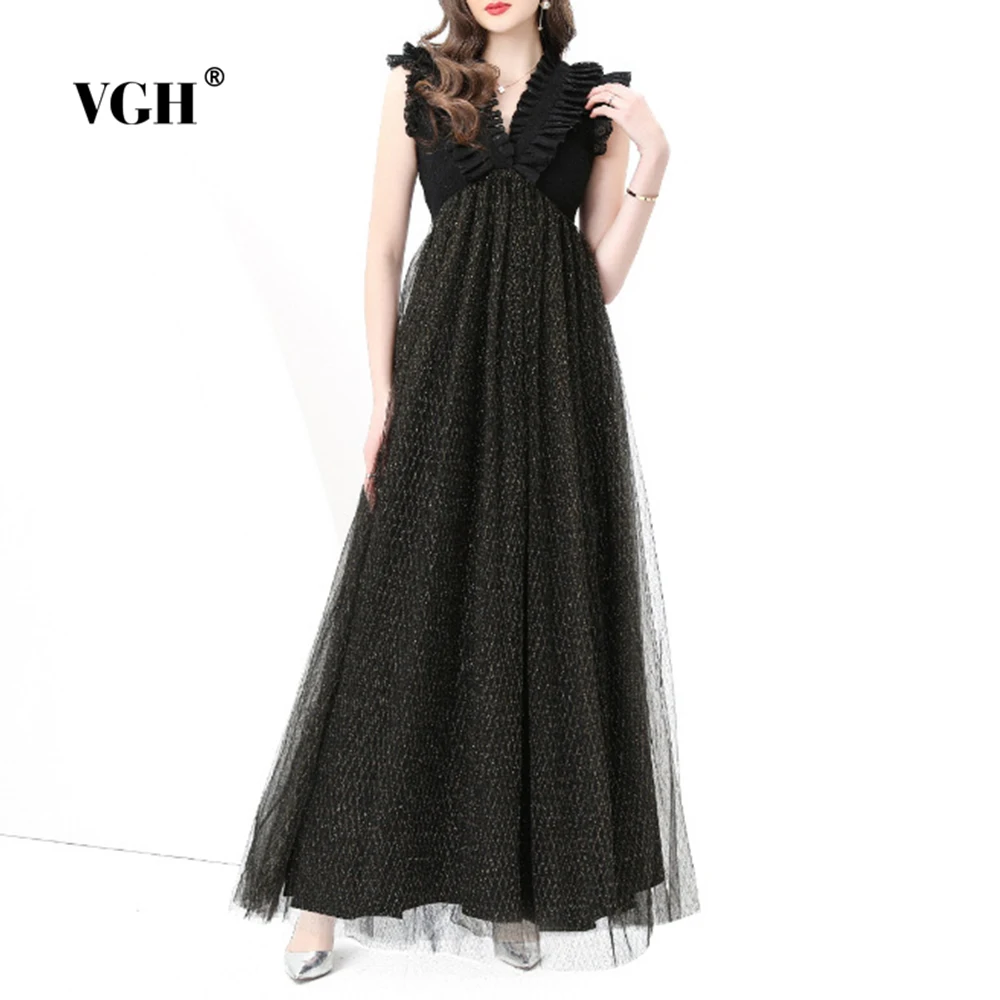 

VGH Designer Slimming Spliced Folds Long Dresses For Women V Neck Sleeveless High Wasit Spring Temperament Dress Female Fashion