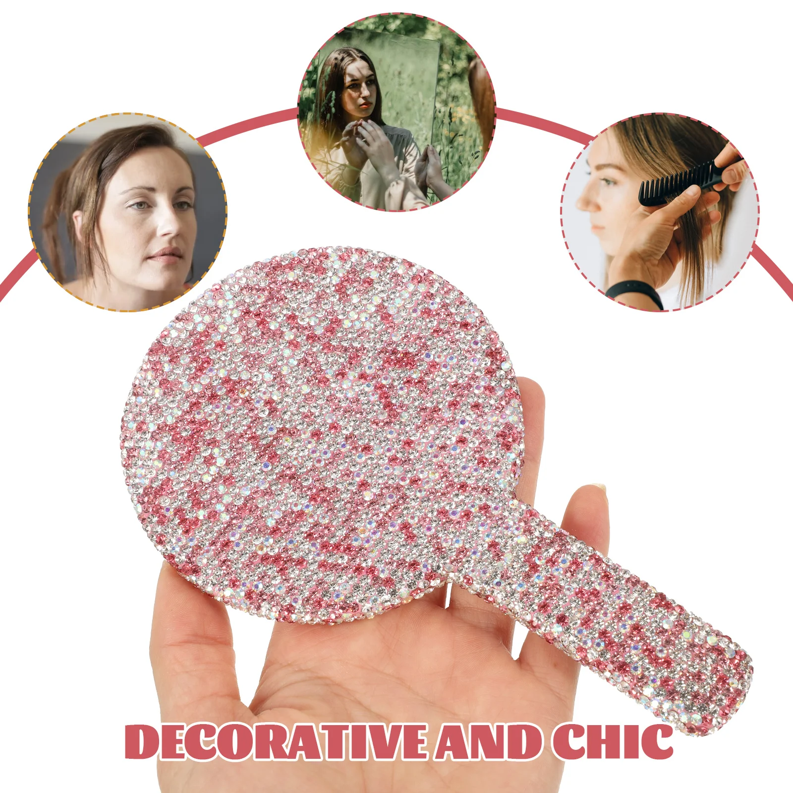 Chic Rhinestone Accent Mirror Handheld Mirror for Women Shatterproof Clear Reflection Easy Carry Design