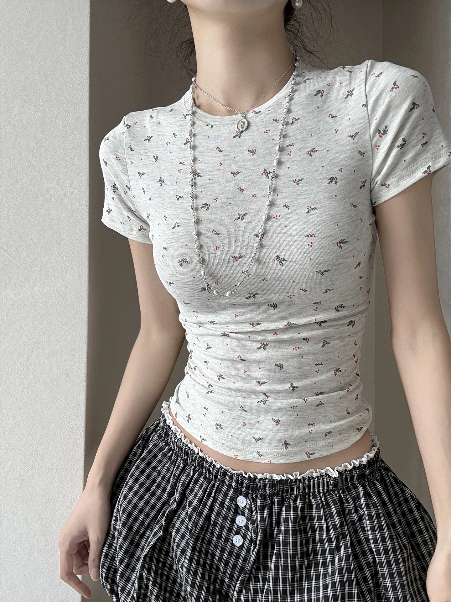 MianCun Pure Desire Floral Print Elastic Waist Short Sleeve Cotton Feel T-Shirt Women Casual Versatile Top round Neck Short L...