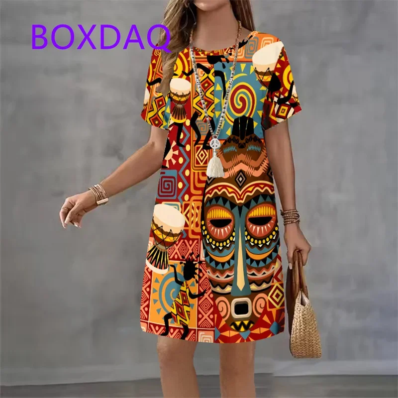 

XXS-3XL Large Size Summer Vintage Women A-Line Dress Short Sleeve O-Neck Loose Casual 3D Print Mini Dress Street Women Sundress