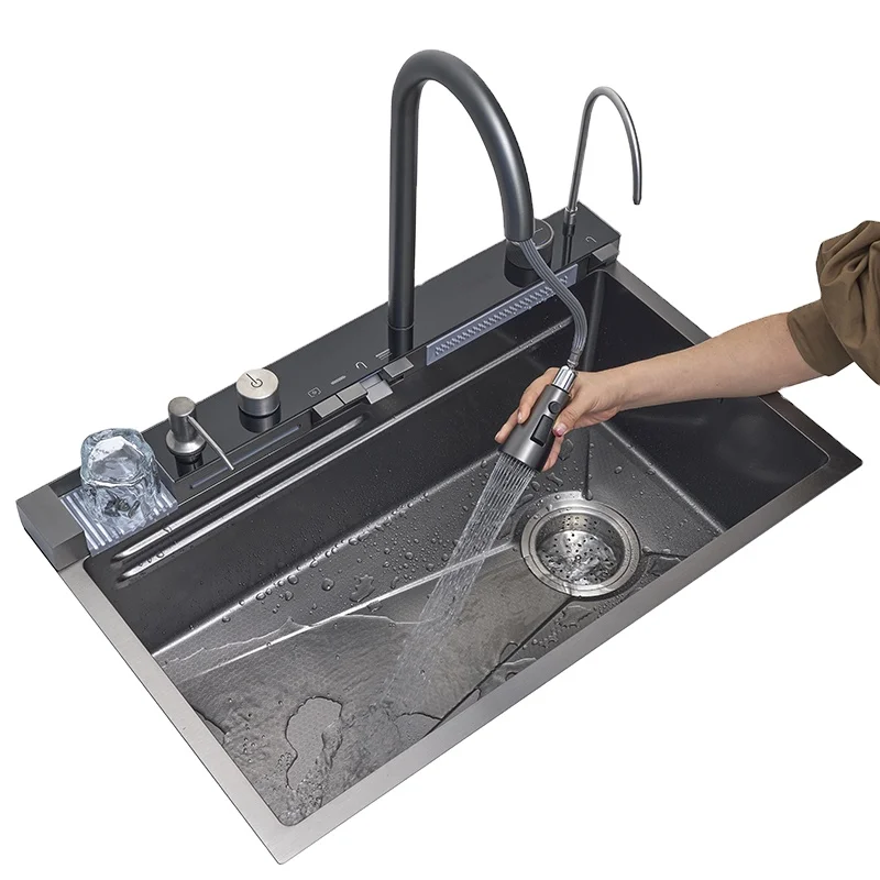 

Популярная большая многофункциональная раковина с одной чашей, устойчивая к царапинам, светодиодный цифровой дисплей, водопад, кухонная раковина с мойкой для чашек