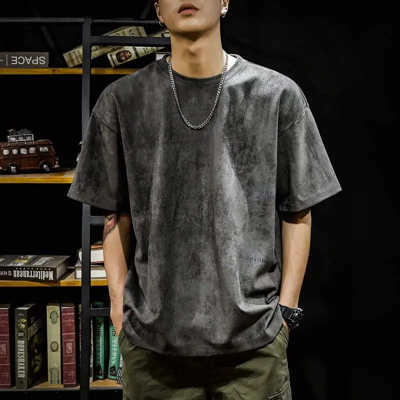 

American Retro Heavyweight Suede Short Sleeve Men's T-Shirt Loose Fit Summer Soft Fashion Sun Protection Clothing