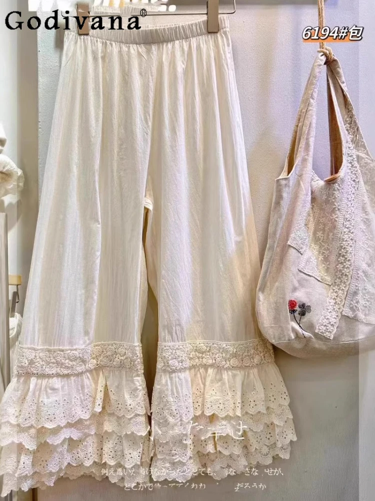 

Large Size L-8XL Sweet Style Four-layer Lace Wide-leg Pants Cute Girls Loose and Versatile Fashion Elastic Waist Lolita Trousers