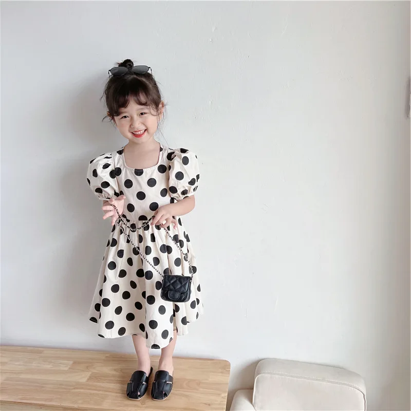 Korean Style Kids Frock Fashion Polka Dot Black and White Knee Length Dress Girls 2024 Elegant Princess Robe 100% Cotton Clothes