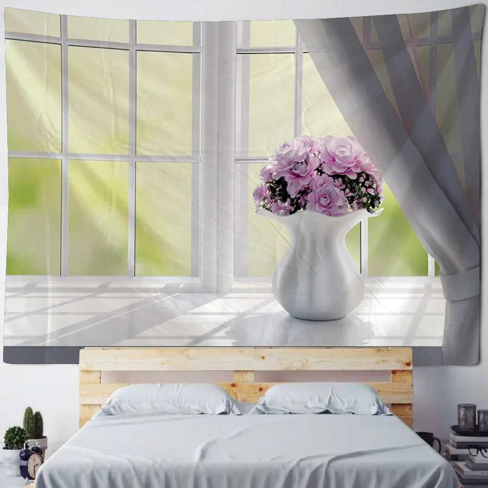 Window landscape illustration art printing tapestry, bedroom living room, cartoon background, home wall decoration hanging cloth