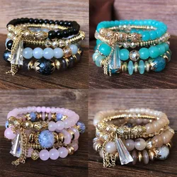 4Pcs Set Bohemian Multicolor Crystal Beads Rope Bracelets for Women Female Ethnic Heart Charm Wrap Bangle Pulseira Feminina