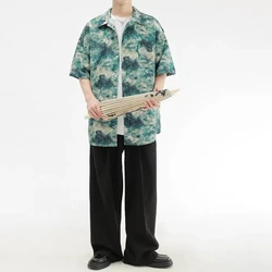 Men's Clothing Summer Turn-down Collar Printing Tie Dye Short Sleeve Button Up Cardigan Shirt Fashion Comfortable Beach Tops