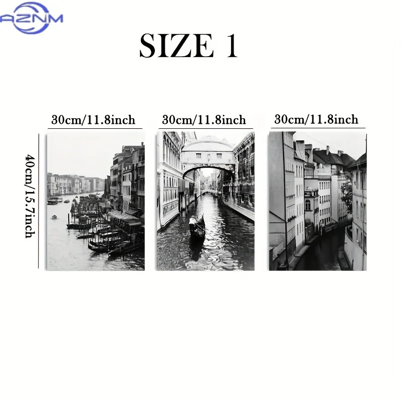 3pcs Black and White Venice Water Town Architecture Scenery Wall Art, Minimalist Nordic Art, Venice City Vintage Photo Poster,