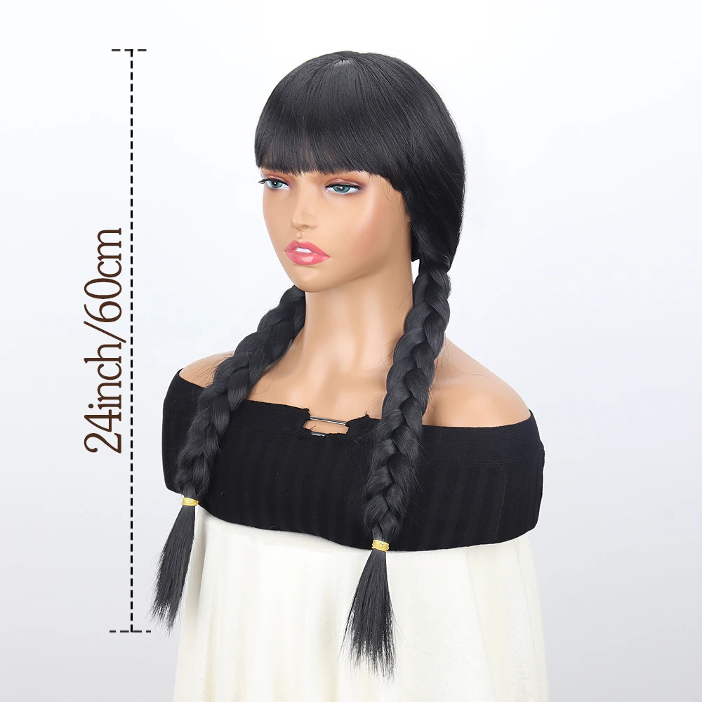 Long Hair Braid Wig Black Natural Wair Large Braid Wig With Bangs Synthetic Wig  for Women Daily Wear Cosplay