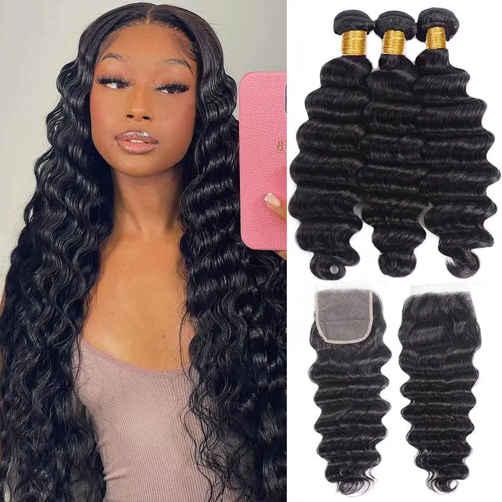 Ulrica Loose Deep Wave Bundles Human Hair with Closure Loose Wave 4x4 Lace Closure Remy Hair 3Bundles With Closure Natural Color