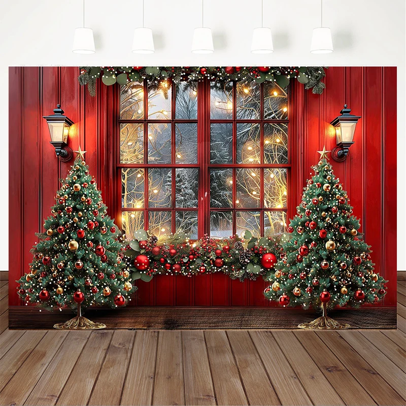 3D Christmas Room Photography Background Red Xmas Tree Lantern Window Backdrop Winter Family Photo Studio Wood Wall Decor Prop