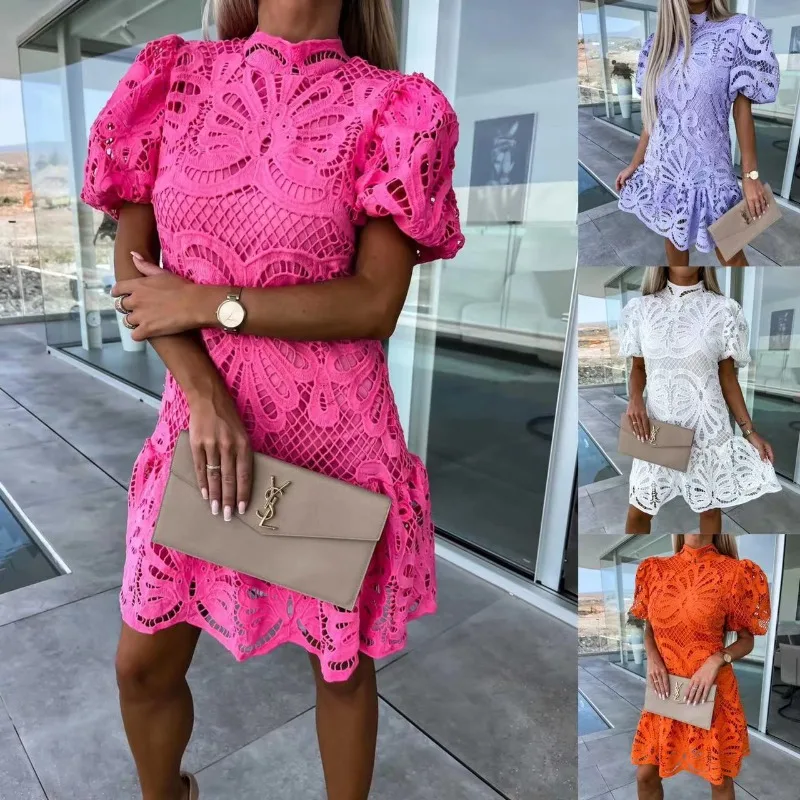 

Lace Elegant Women Mini Dress Solid Short Sleeve Mock Neck Evening Dress 2023 Fall New Sexy Hollow Out Office Lady Vestidos