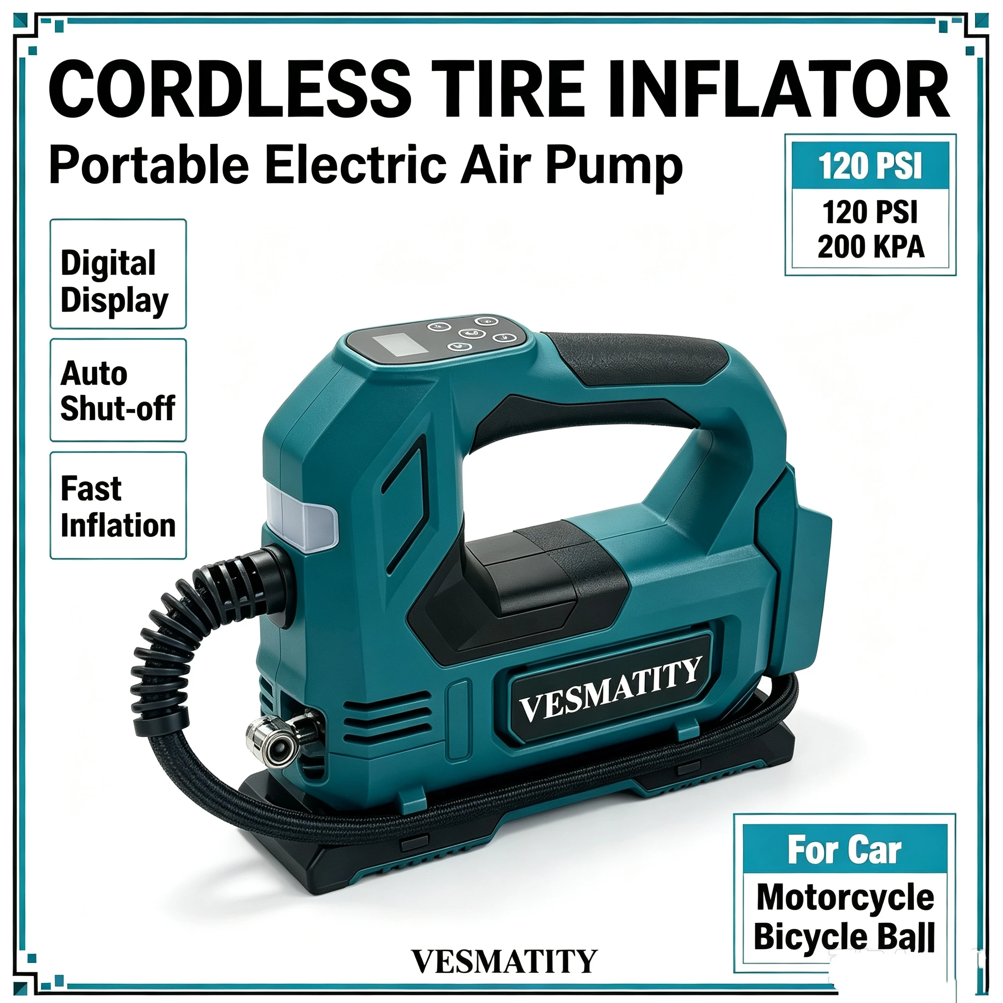 Portable Cordless Air Pump Handheld Tire Inflator Compressor for Car Bicycle Tires Tool Compatible with 18V Battery No Battery