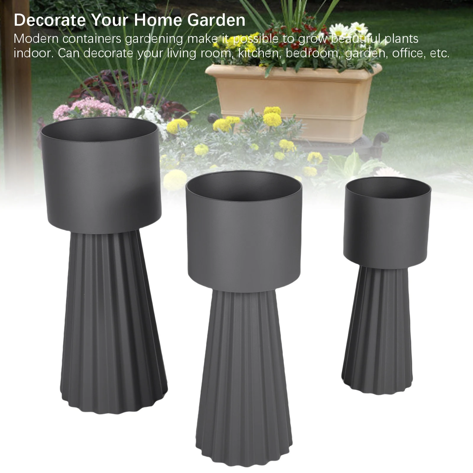 

3pcs Dark Grey Iron Plant Pots - Modern Decorative Flower Pots for Home Patio Indoor Outdoor Garden