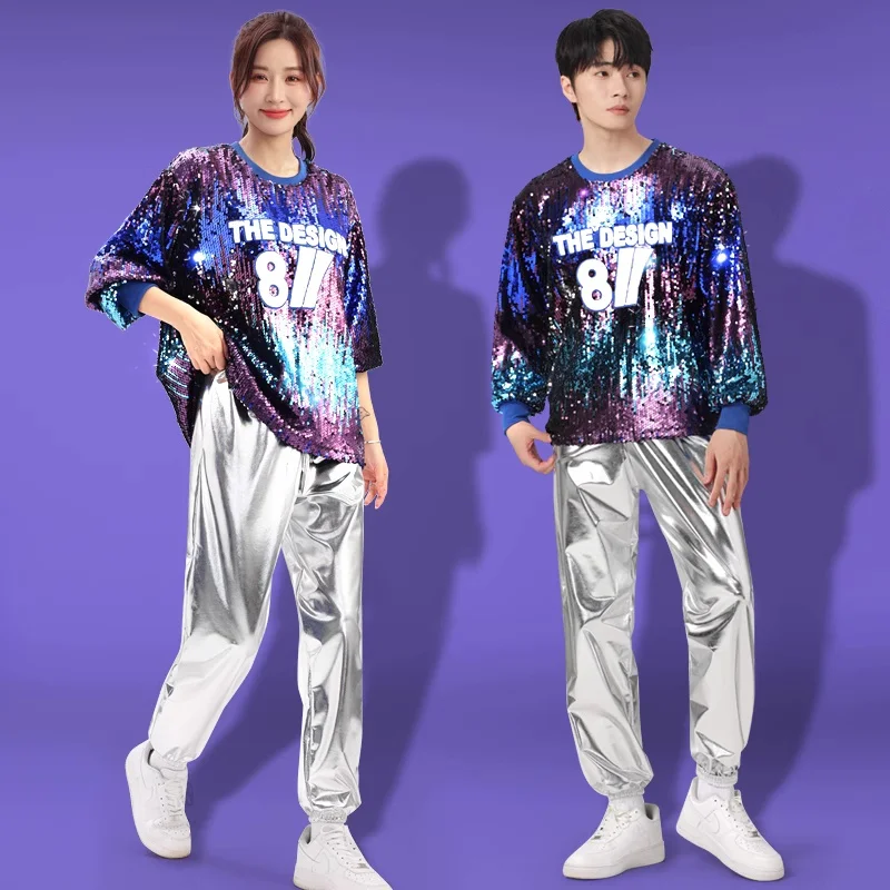 

Костюм джазового танца с блестками для мужчин и женщин для взрослых, хип-хоп, сценические костюмы, платья de fiesta, костюм болельщика, женский и мужской