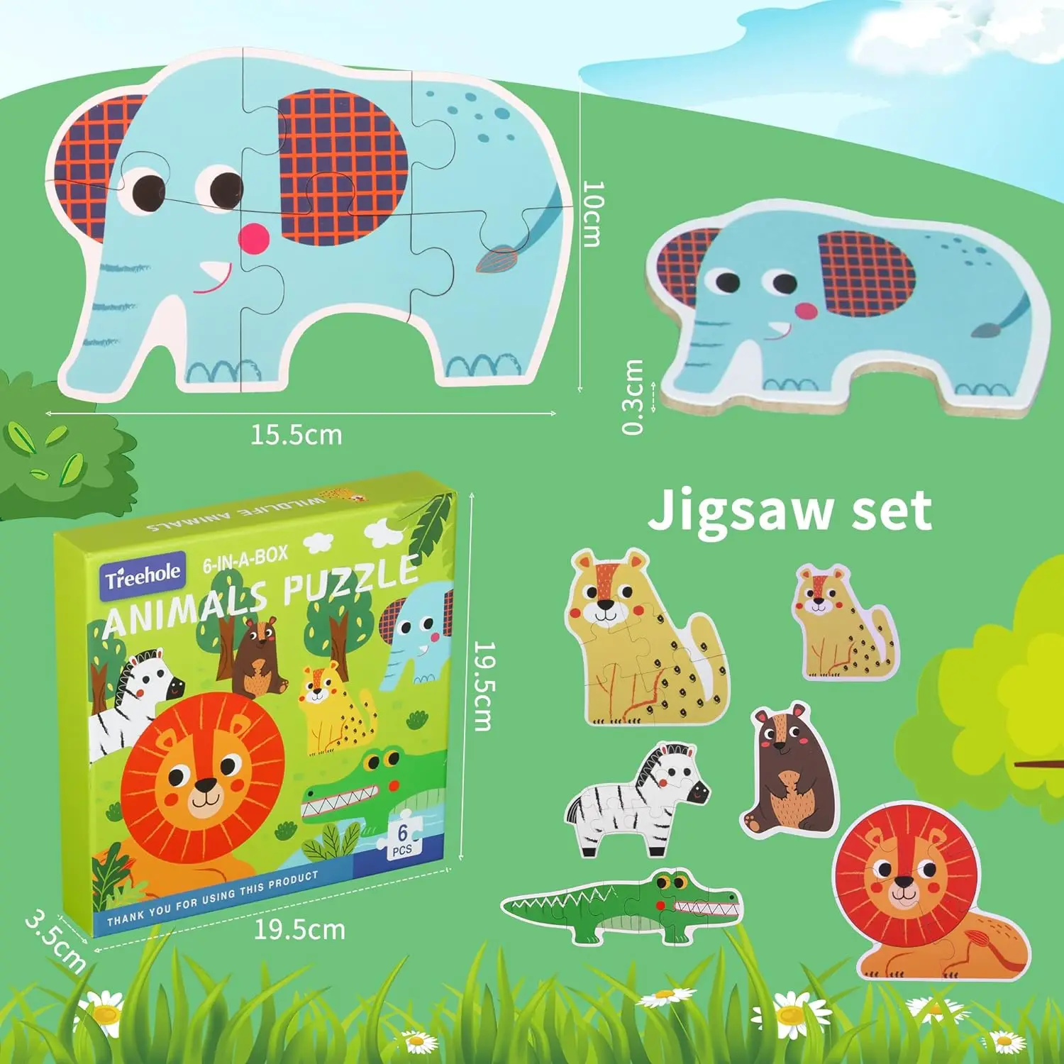 Yeahbo 6 in 1 Animals Jigsaw Floor Puzzle Preschool Kids Game Wooden Educational Gift for 3 4 5 Year Old