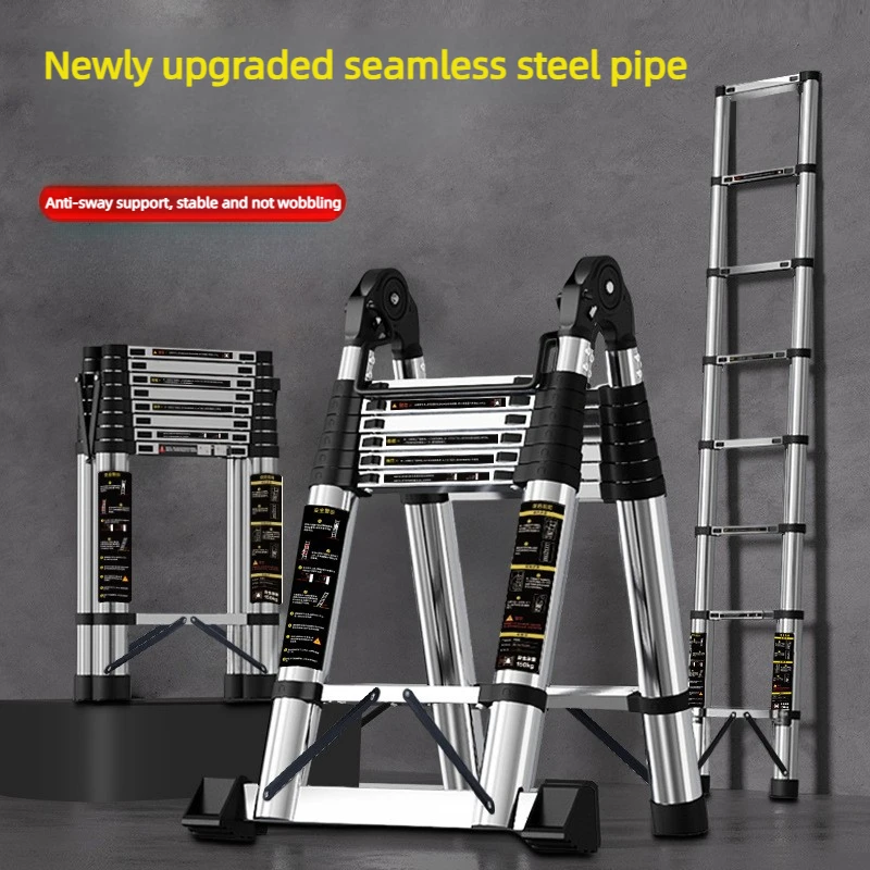 Stainless steel telescopic ladder, folding zigzag ladder, thickened stainless steel straight ladder, household climbing ladder