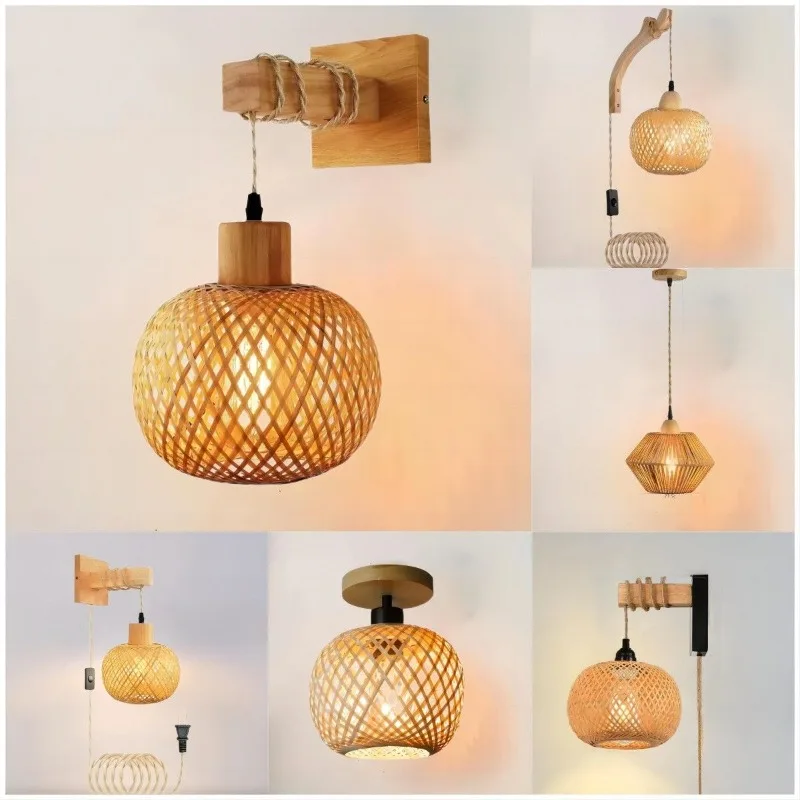 

Bamboo woven wall lamp Insert hand woven bedroom bed wall lamp meal cafe solid wood background led wall light luminaria