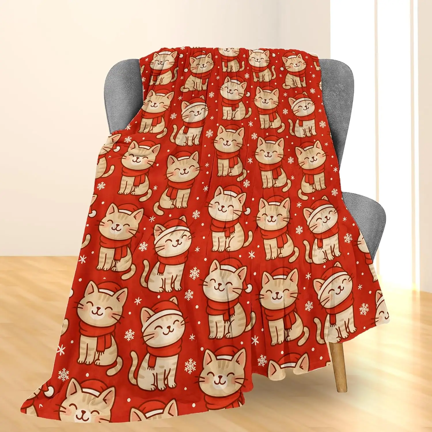 Cozy Christmas Cat Print Throw Blanket Red Winter Holiday Home Decor Plush Sofa Throw Lap Blanket Festive Gift For Couch Decorat