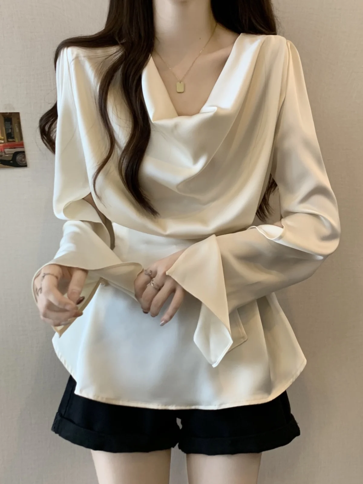 Slimming Long Sleeve Base Shirt Women's Spring Autumn plus Size Conceal Belly Waist Cinched Advanced Feeling Top