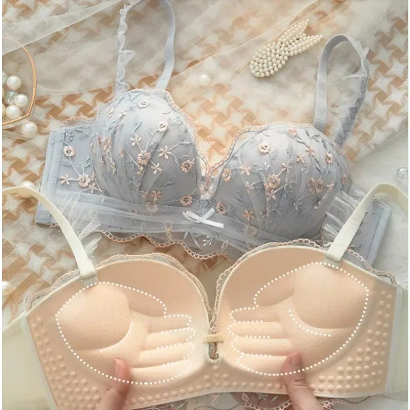 Women's Underwear Flower Embroidery Lace Steel Ring Top Support Small Chest Gather Insert Cushion Adjustment Bra 32d Lace Bra