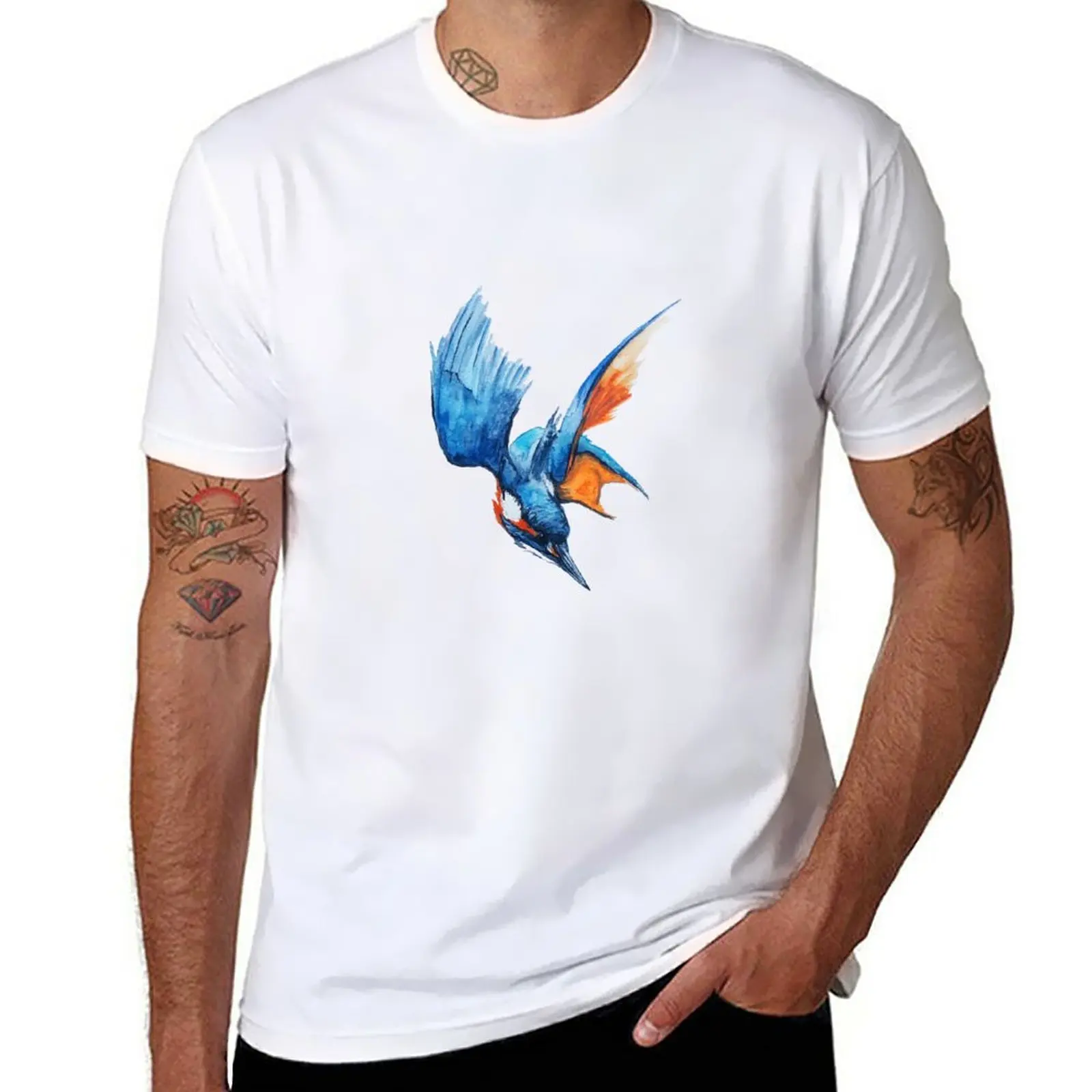 New Kingfisher Dive Watercolour (White) T-Shirt summer top vintage clothes anime clothes t shirt men