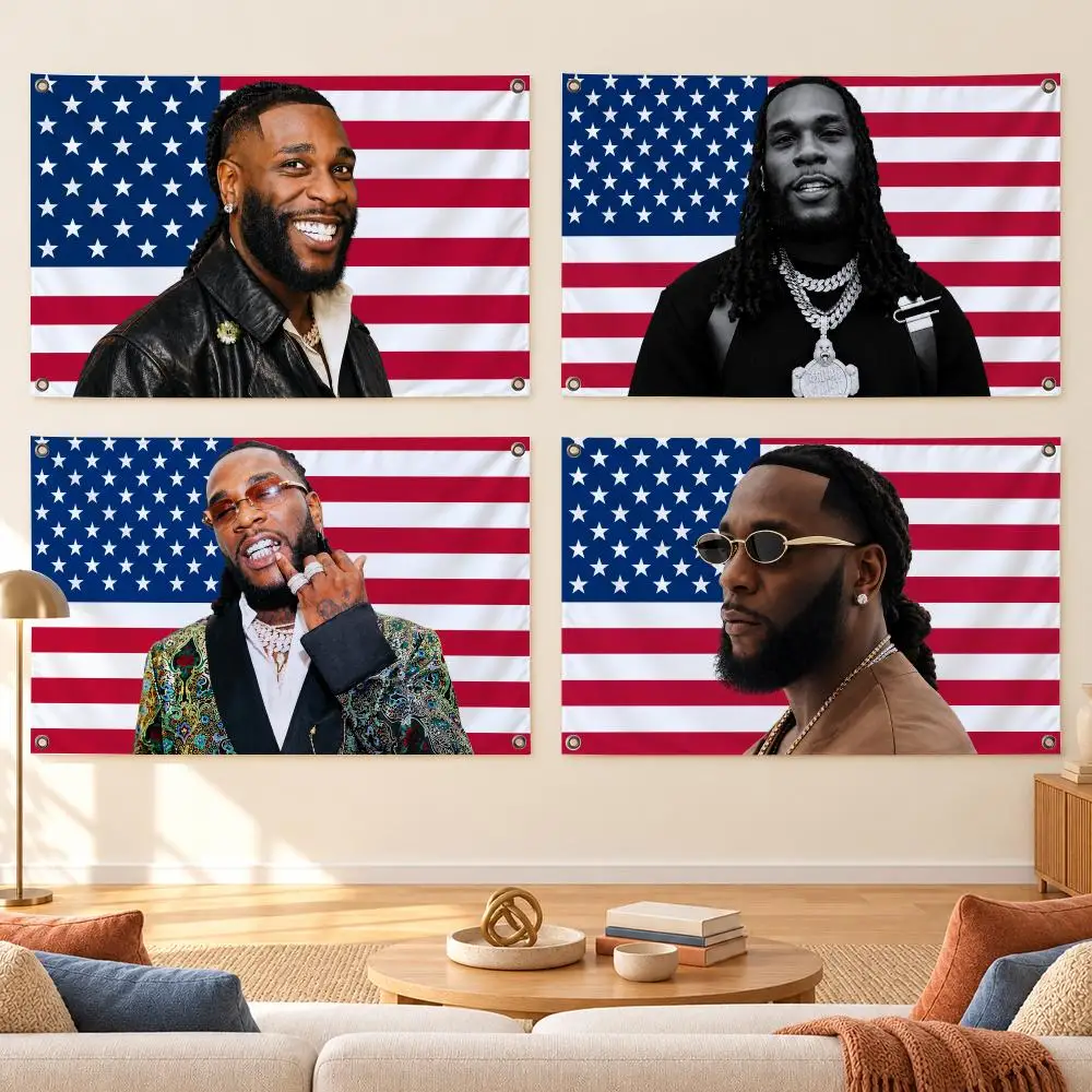 Burna Boy Singer 80s Retro Vibes Flags flag Hanging Grommets polyester Wall Flag Home Decor For Bedroom Living Room Fan Merch
