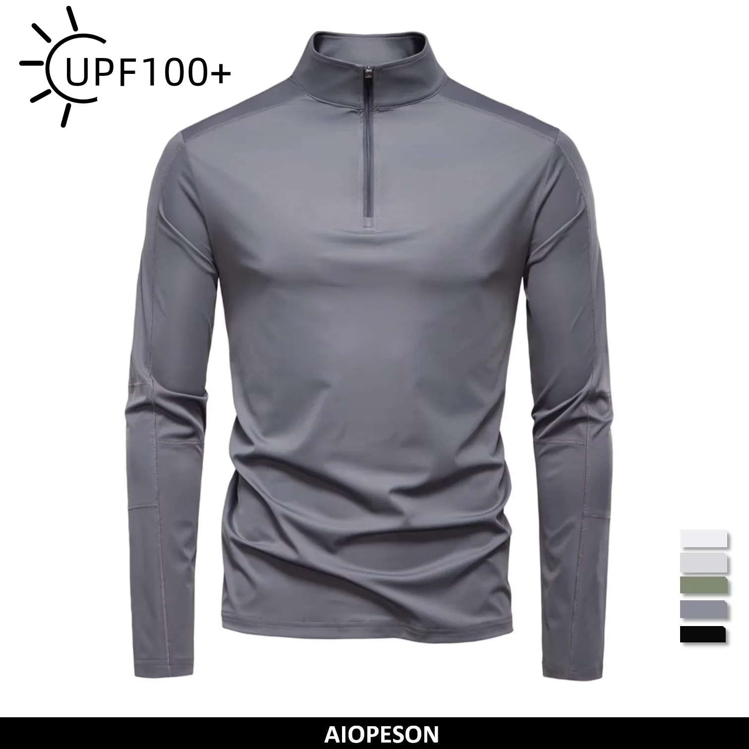 

New men long-sleeve sun-protection UPF100 shirt, outdoor solid color zipper shirt, quick-drying short-leeve stand-collar shirt.