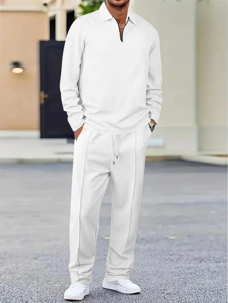 New Spring And Autumn Fashion Men's Solid Color Waffle Leisure Suit, Lapel Multi-Functional Loose Sportswear Men's Leisure Suit