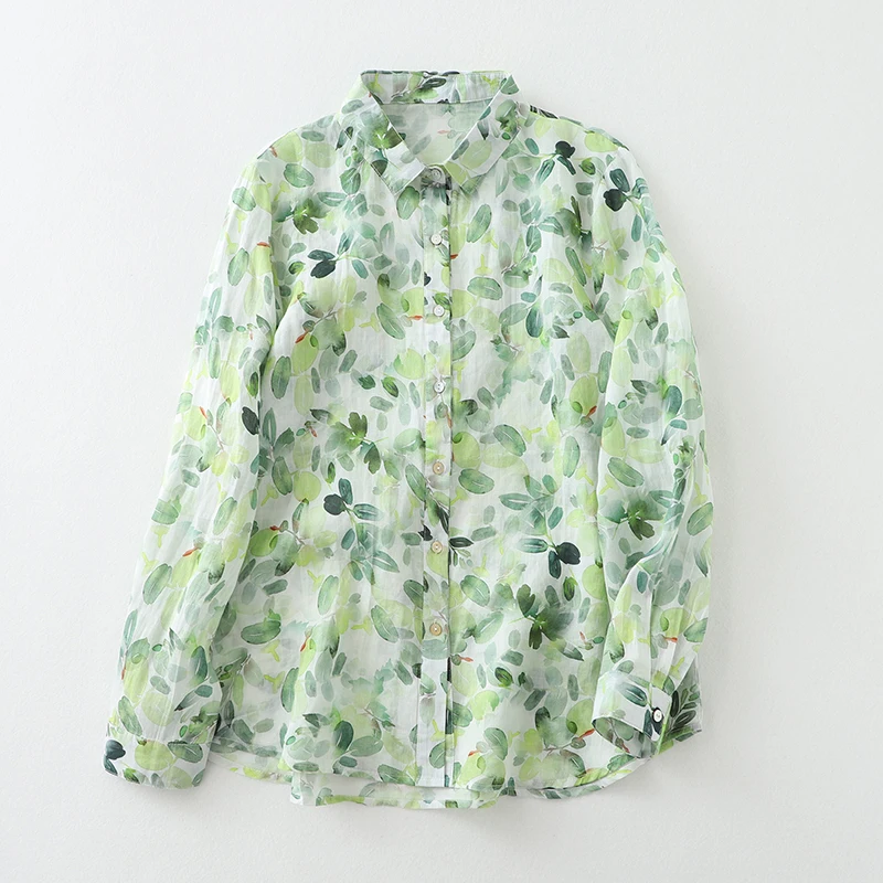 

Blue Floral Printing Polo-Neck Single Breasted Long Sleeve Women's Blouse Shirt Korean Fashion Female Clothing Tops 2025 Spring