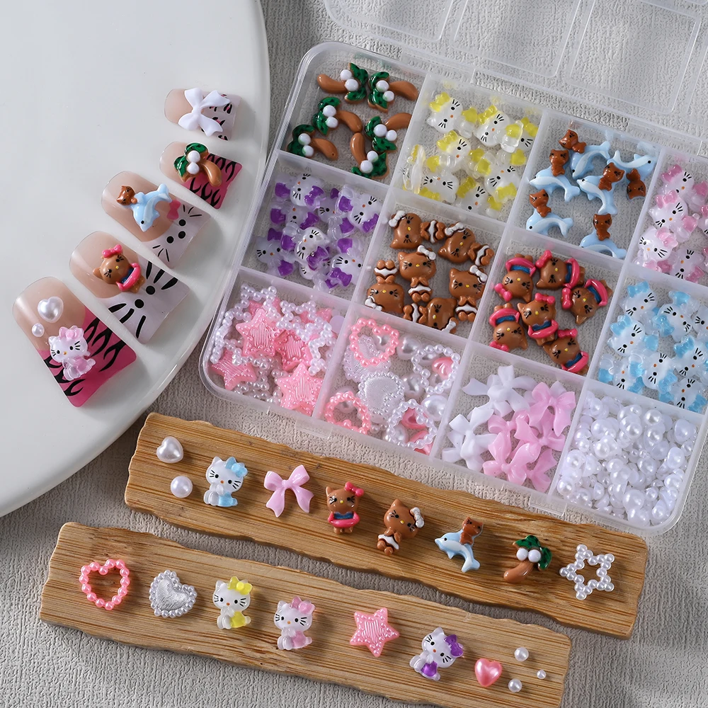 

1box Cute Hello Kitty Combined Nail Decoration Tanning Hello Kitty Bow Flower Nail Rhinestones Leopard Print Cat DIY Nail Parts