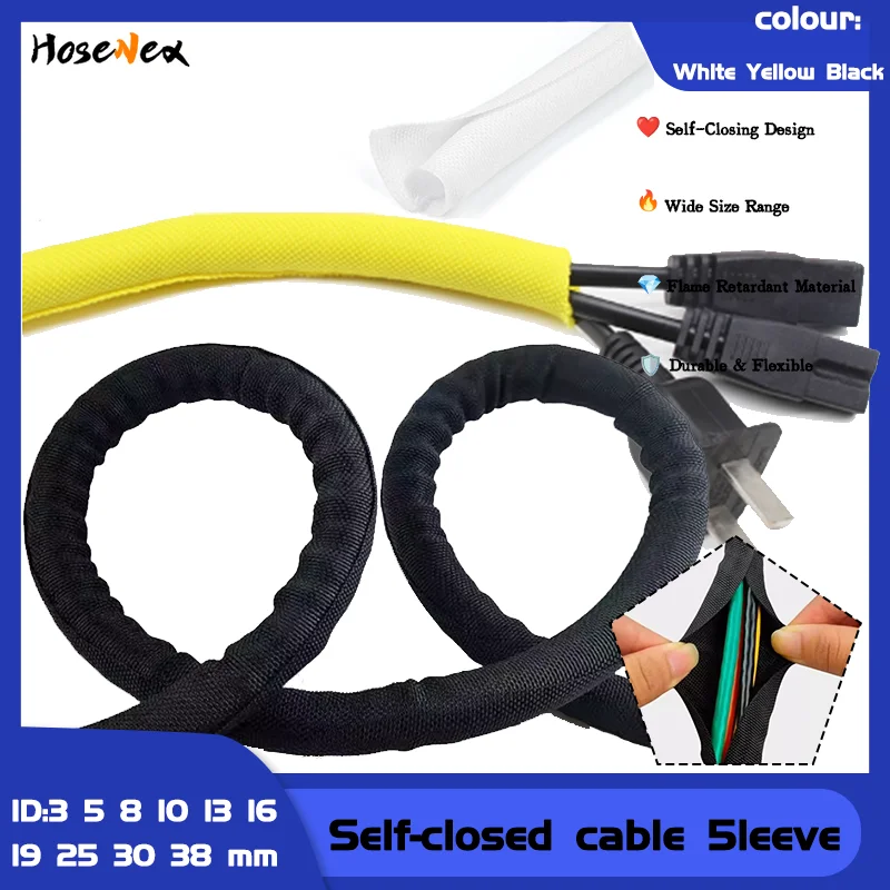 1-10M Self Closing PET Braided Expandable Cable Sleeve 3-19/25/30/38mm Sizes Flame Retardant Wire Protection Blue Black White