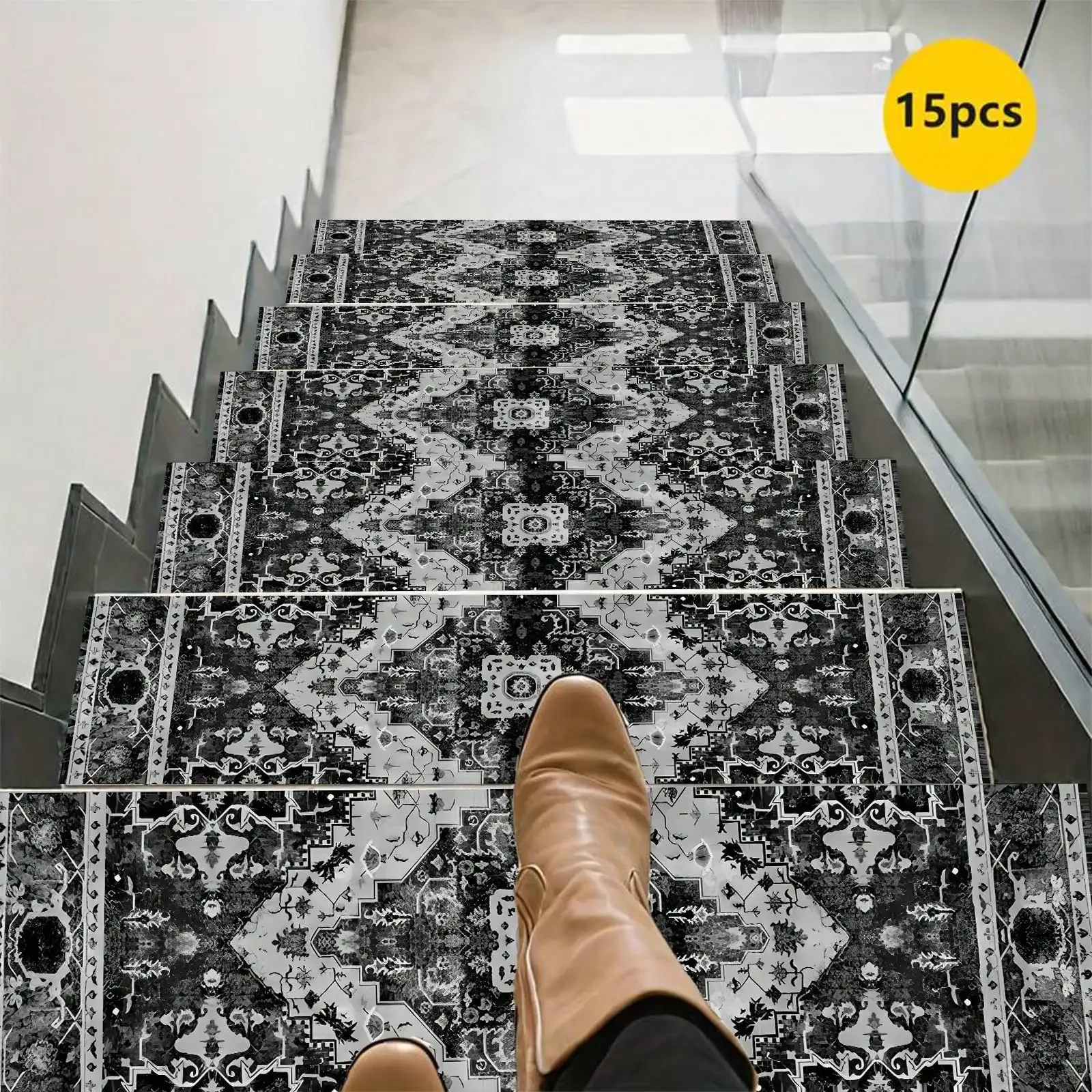 15 Pcs Non-Slip Stair Treads For Steps, 8x30in Self-Adhesive Black Boho Carpet Treads, Pet & Kid Indoor Stair Protector With TPE Backing, Washable Cuttable Stair Rugs