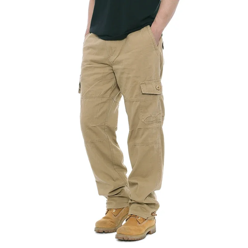 Cargo Brown Pants Men Loose Overalls Men\'s Outdoor Hunting Function Pant Elastic Waist Pure Cotton Casual Work Pants Trousers