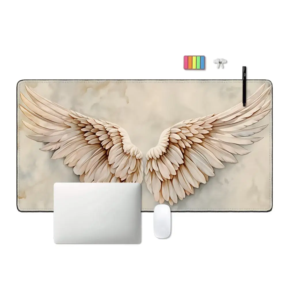 HYBXAXC Gothic White Angel Wings Desk Mat- Sparkle Feather Large Mouse Pad Non-Slip Waterproof