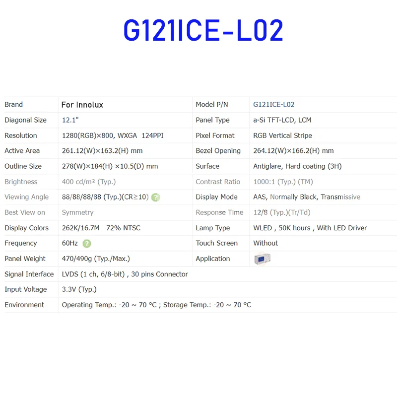 G121ICE-L02 12.1 Inch LCD Display Screen Panel Original for Innolux 30 Pins Connector Brand New Tested