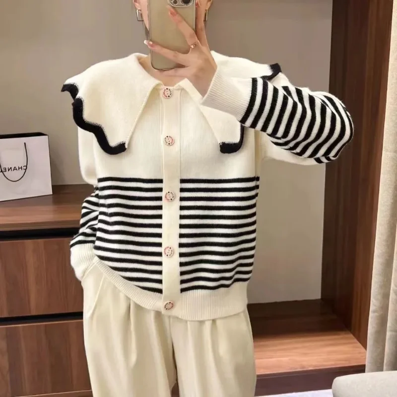 

Doll Collar Striped Knitted Cardigan Women Spring Autumn New Fashion Color Block Sweater Coat Versatile