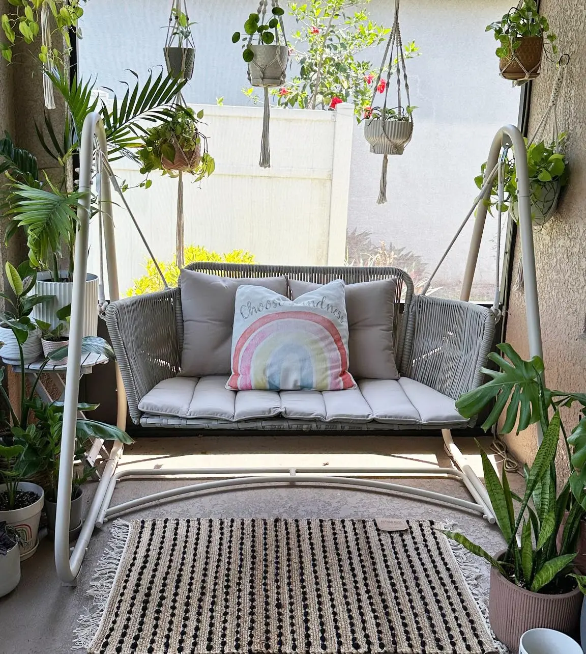 2-Seat Hanging Swing Chair Stand Cream Wood-Grain Frame Cloud Cushion All-Weather Wicker Indoor Outdoor, Customized