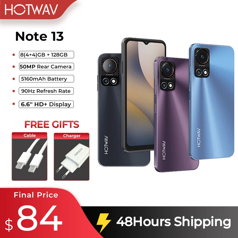 2024 HOTWAV Note 13 Mobiele Telefoons Android 6.6 ''HD + 90Hz 50MP Camera 5160mAh Batterij 8GB (4 + 4) + 128GB Smartphones