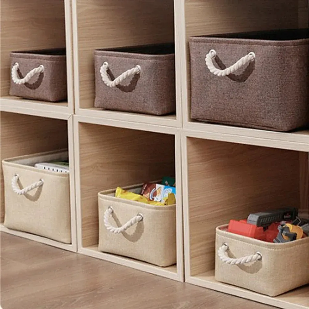 1Pc Beige/Grey Folding Storage Basket Linen Storage Fabric Wardrobe Office Bedroom Closet Toys Laundry Basket With Handle