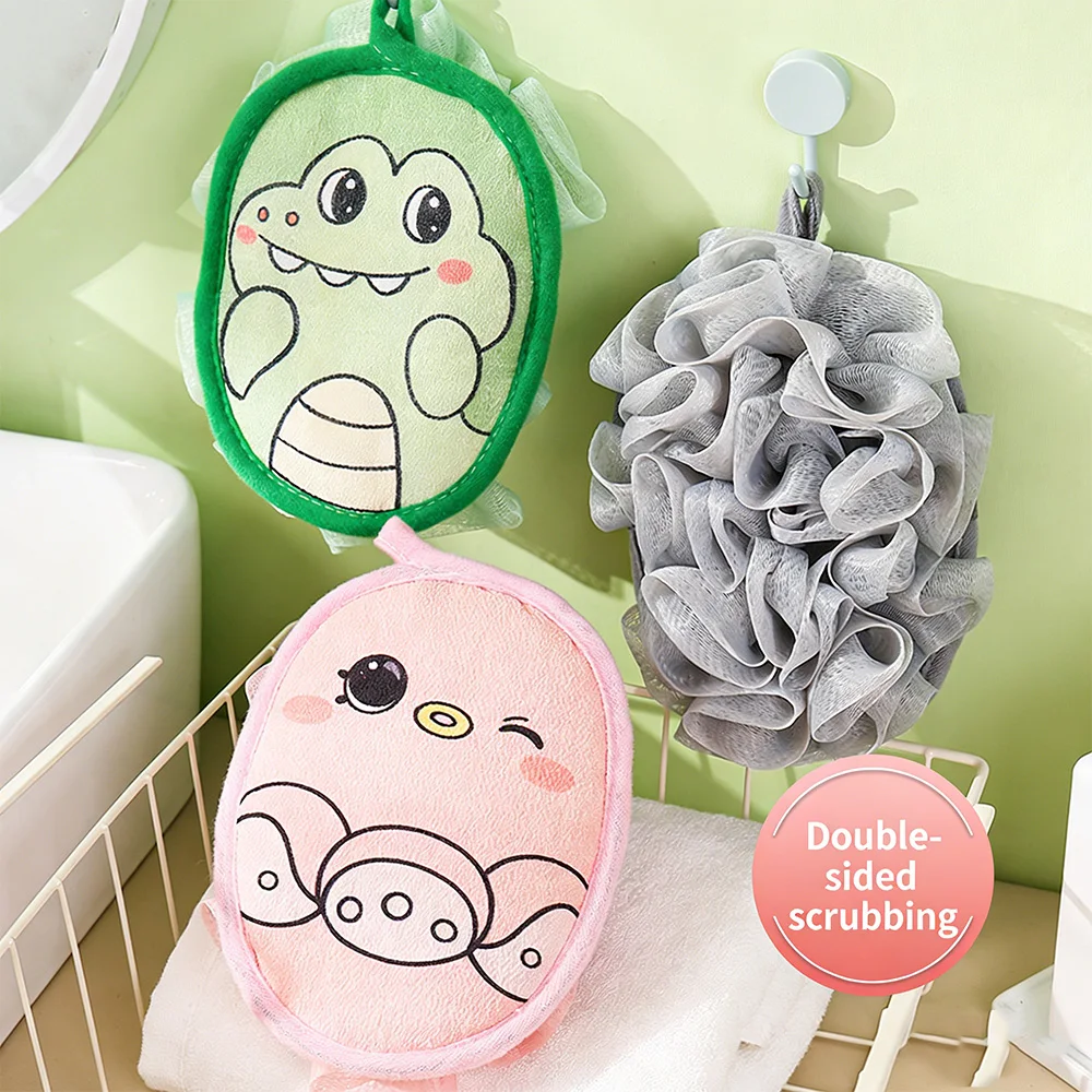 

2-in-1 Cute Dinosaur Bath Flower & Scrub Cloth - 3-Second Lathering Shower Puff Skin-Friendly Double-Sided Exfoliating Bath