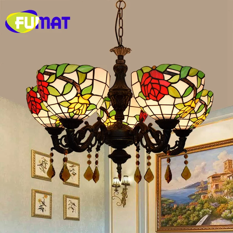 

FUMAT Tiffany style retro stained glass red rose 5 head crystal Pendant lamp Living room Dining Room Bar corridor LED decor