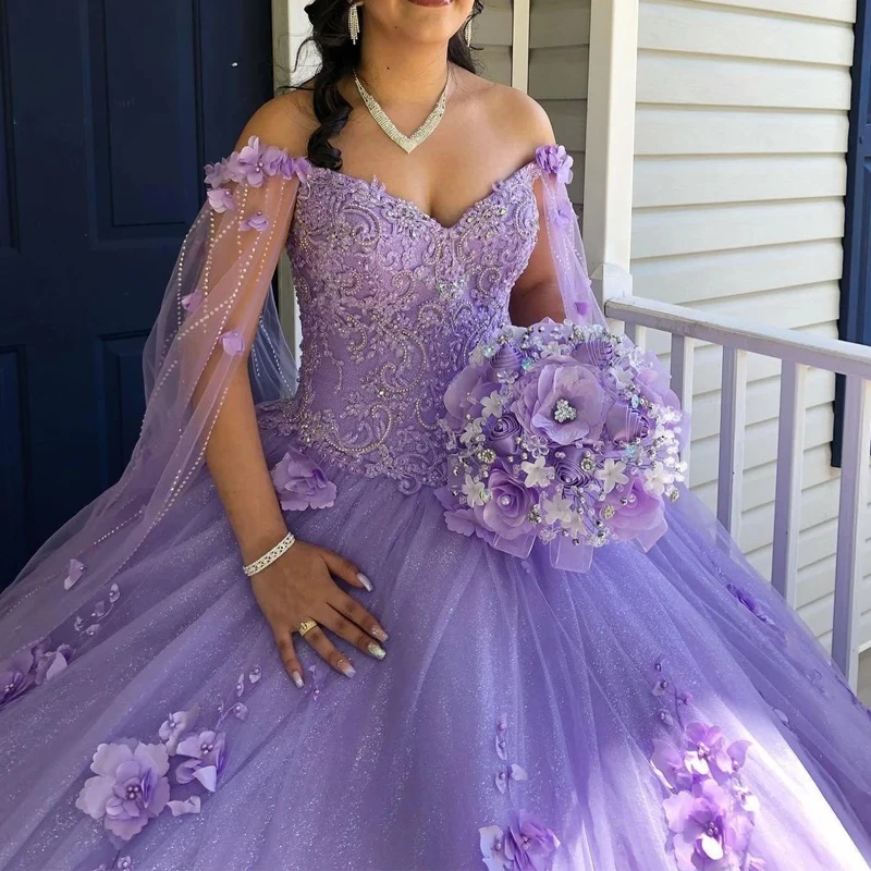 Vestido De quinceañera De princesa lila brillante personalizado 2023 con capa apliques De flores 3D Beadig dulce 16 Vestido De 15 Anos YQD306