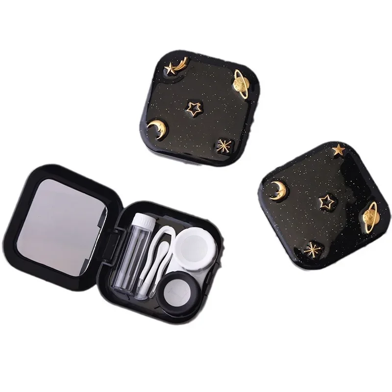 กล่องถนอมคอนแทคเลนส์พร้อมกระจกคอนแทคเลนส์สีแบบพกพาสำหรับเดินทางไปโรงเรียนสีดำดวงดาวบนท้องฟ้า