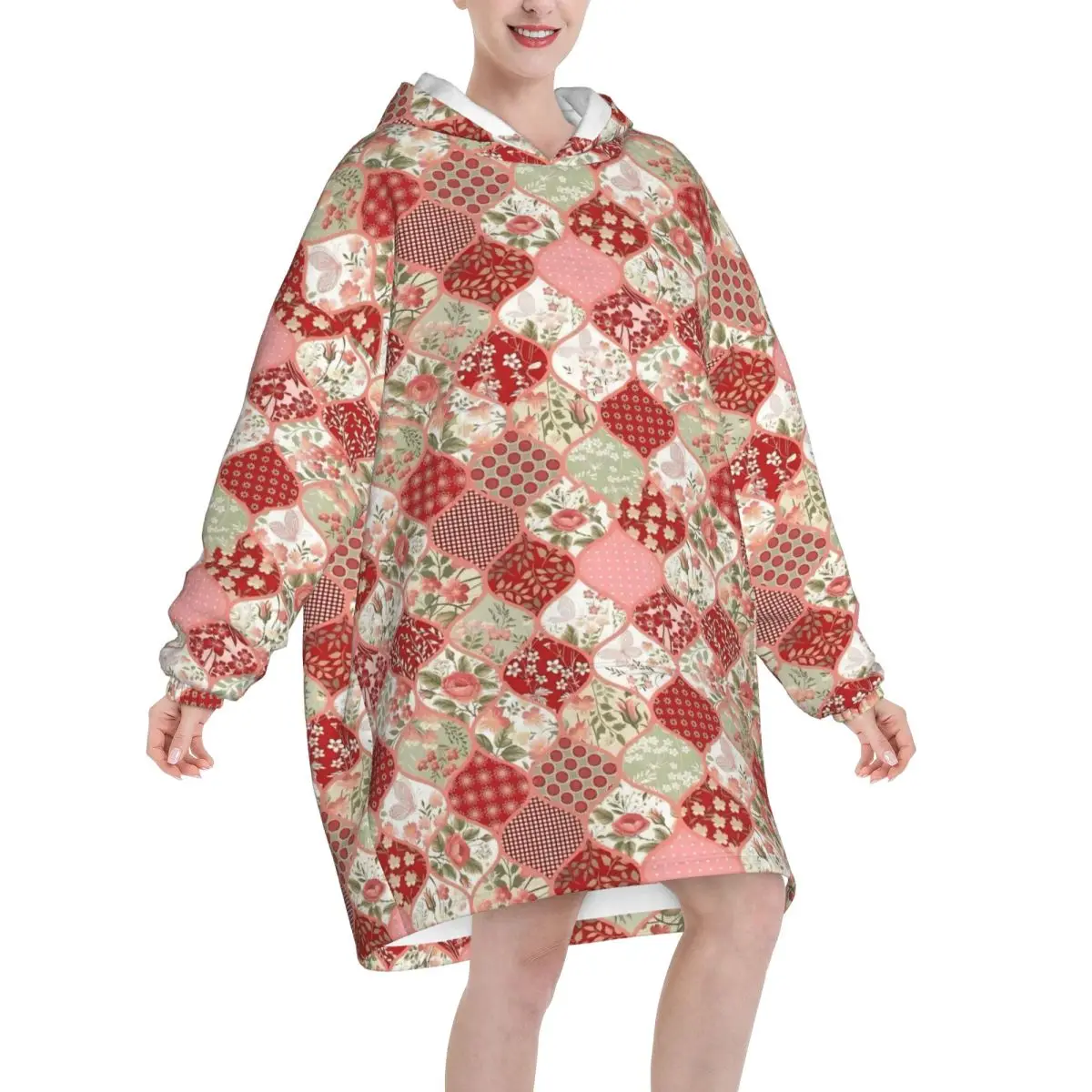Floral Patchwork Blanket Hoodie Oversized Wearable Sweatshirt Blanket Warm Gifts for Women Girls Girlfriend