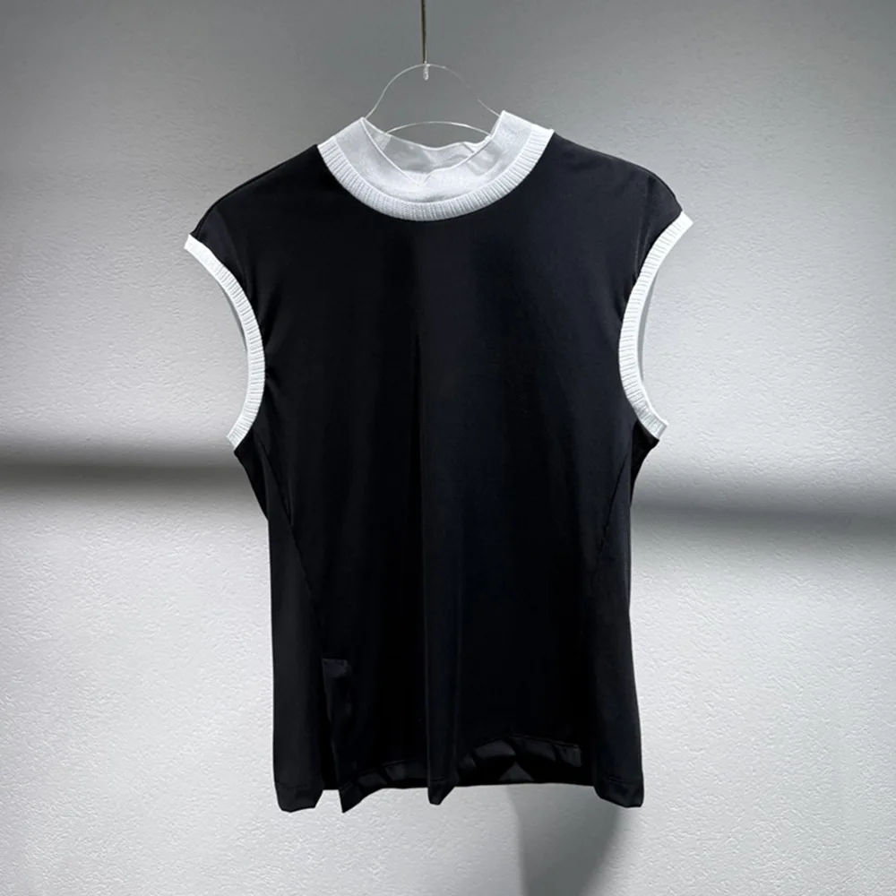 

2025 Summer New Slim Fit Sleeveless Tshirt Women Casual Half High Neck Contrast Color