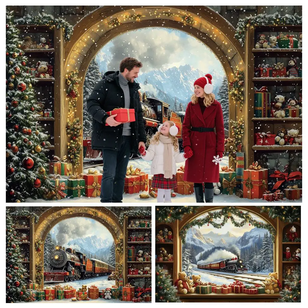 

Christmas Decoration Backdrop Arch Window Little Train Gifts Baby Kids Portrait Xmas Party Photography Background Room Decor