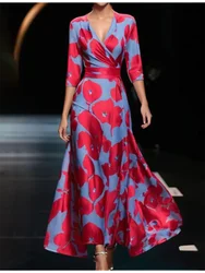 Fashion Printed Mid Sleeved Dress Women's High Waisted V-neck Elegant Dress Office Lady Autumn Dresses