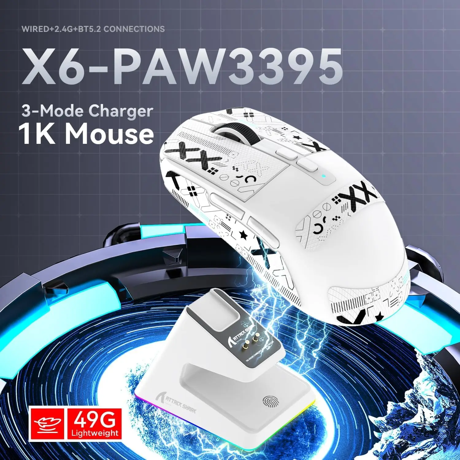 ATTACK SHARK X6 Lightweight Wireless Gaming Mouse with RGB Backlight Charging Base,Tri-Mode,26K DPI, PAW3395 Optical Sensor