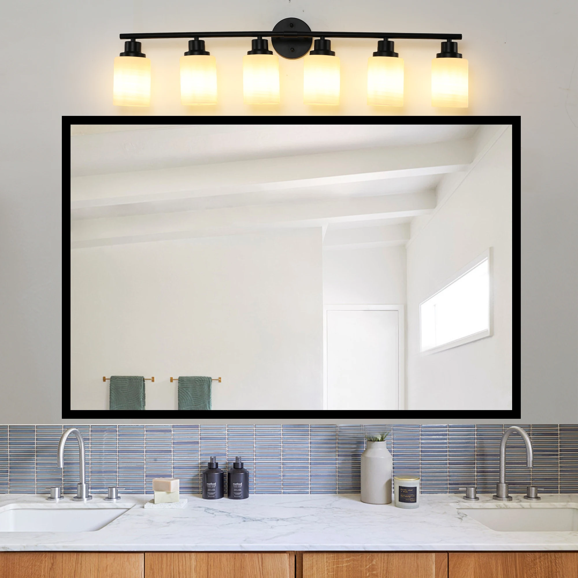 

Modern 6-Light Vanity Bathroom Mirror Light, Frosted White Glass with Black Iron Frame, Contemporary Wall Sconce(No Bulbs)
